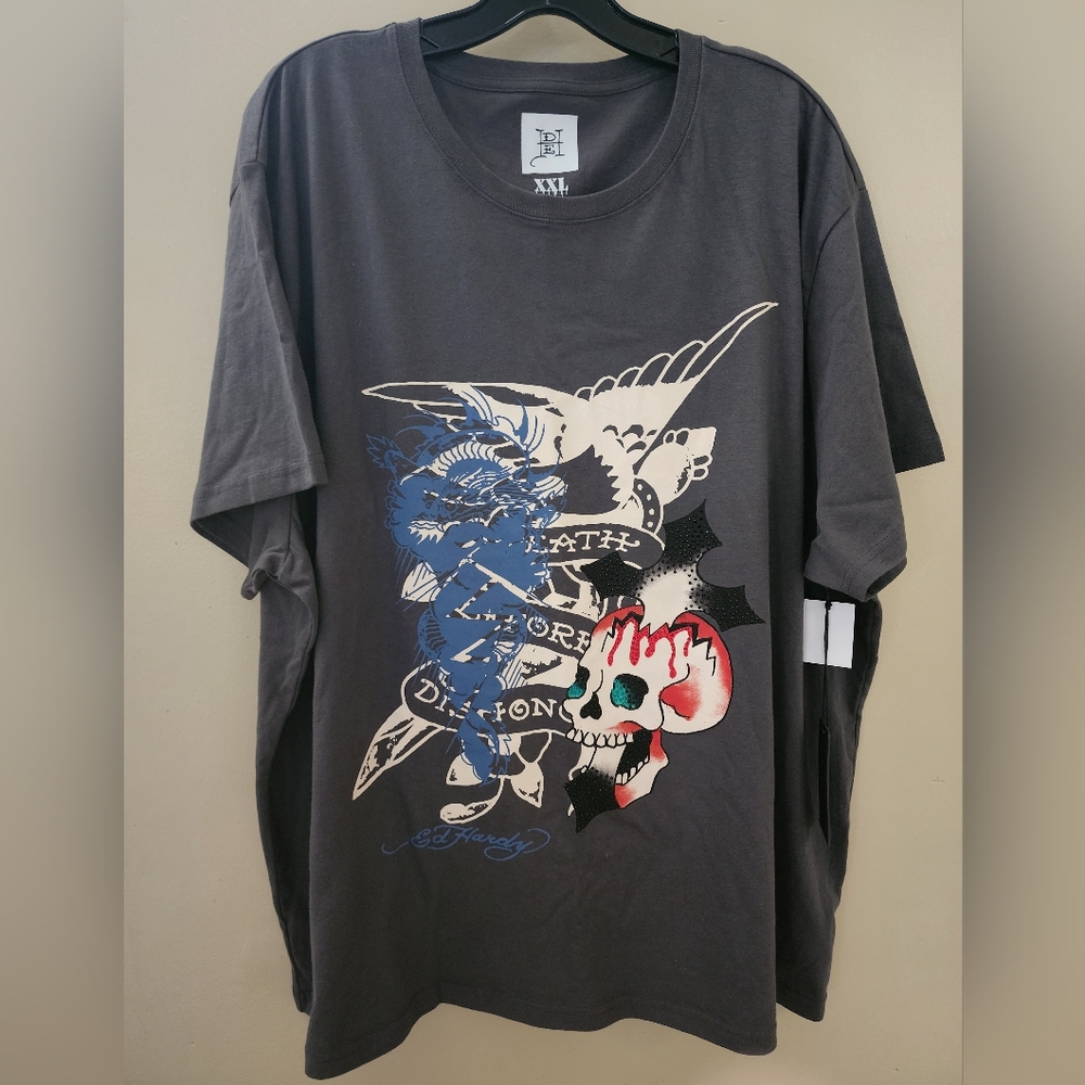 NWT Ed Hardy Skull 'Death Before Dishonor' Charcoal Grey tshirt XXL